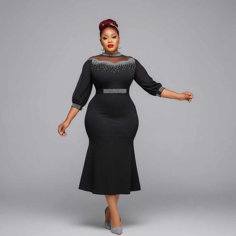 Luxe Black Embellished Mermaid Dress L - 3XL